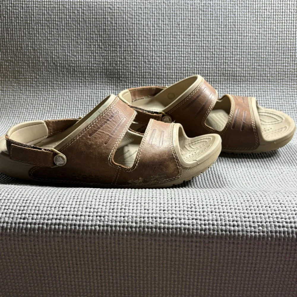 Crocs Sandals Mens 13 Brown Yukon Sport Leather Upper Adjustable Strap Comfort